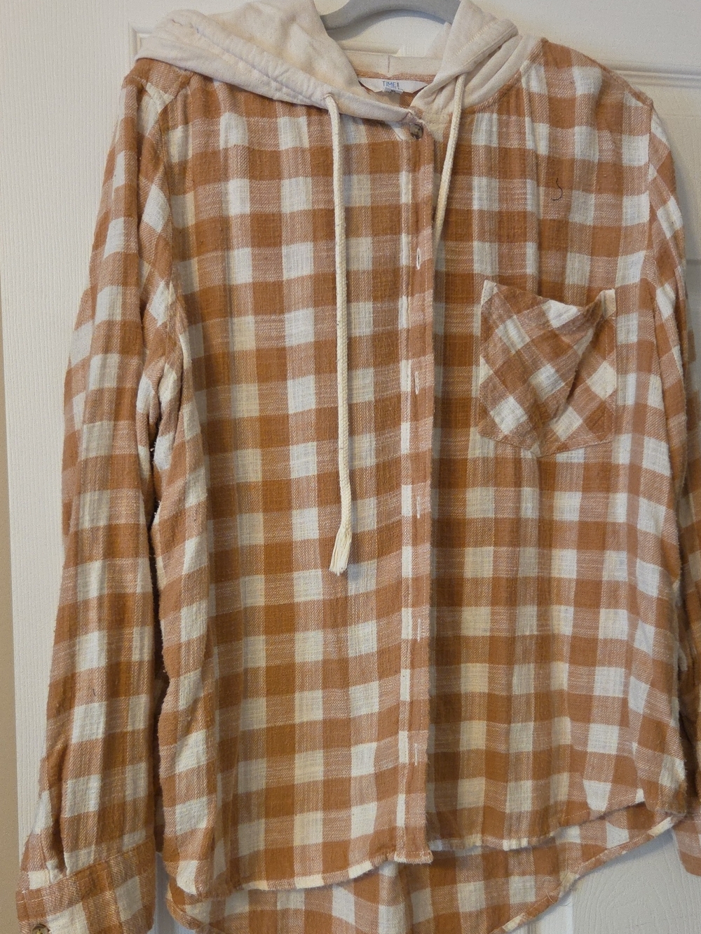 Time and Tru Cream and Tan Plaid Hooded Button-Up Shirt